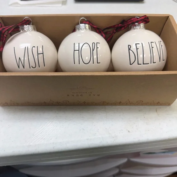Rae Dunn Wish Hope Believe Ceramic Holiday Ornaments - Cream (Set of 3) - Picture 1 of 1